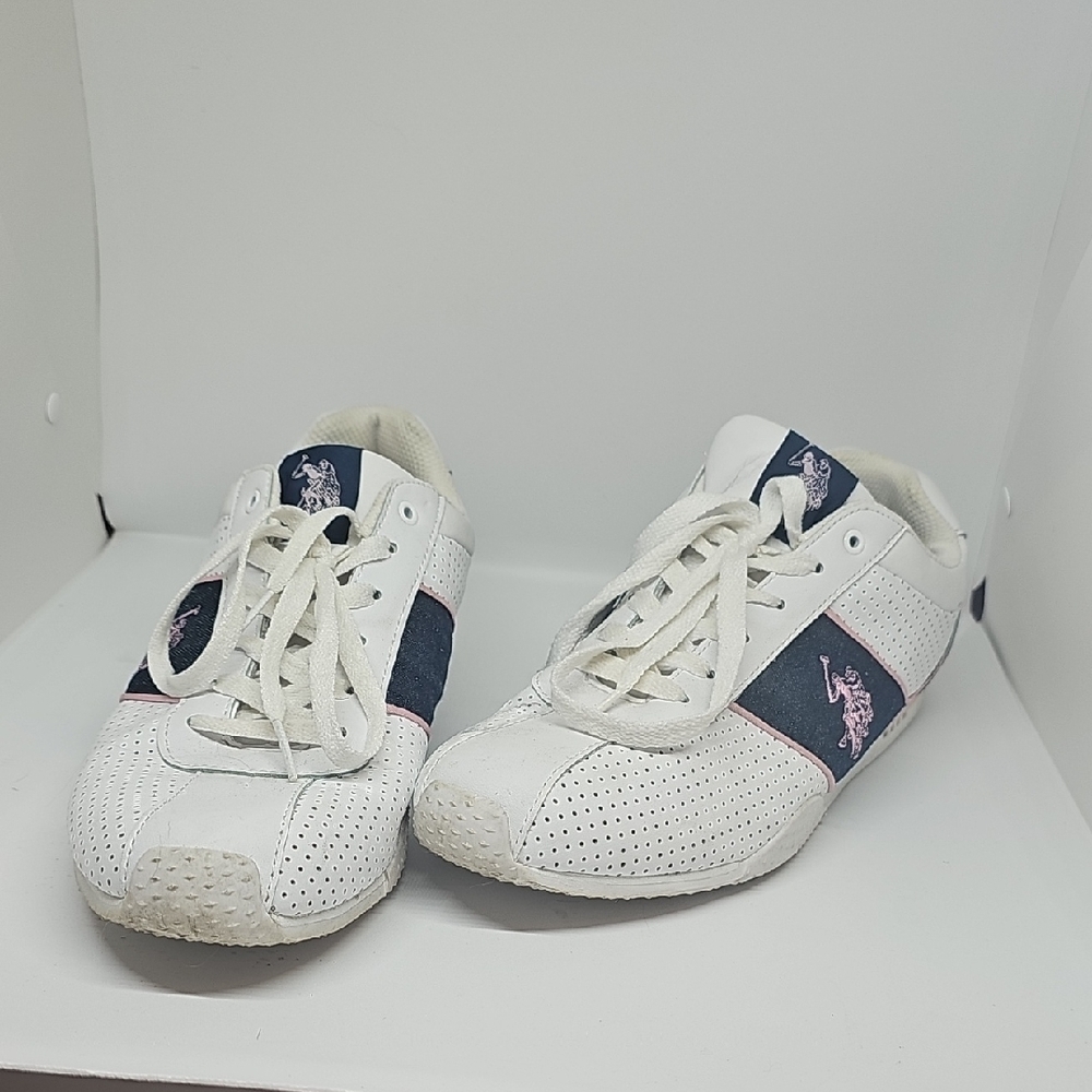 White and Navy Sneakers with Pink Logo